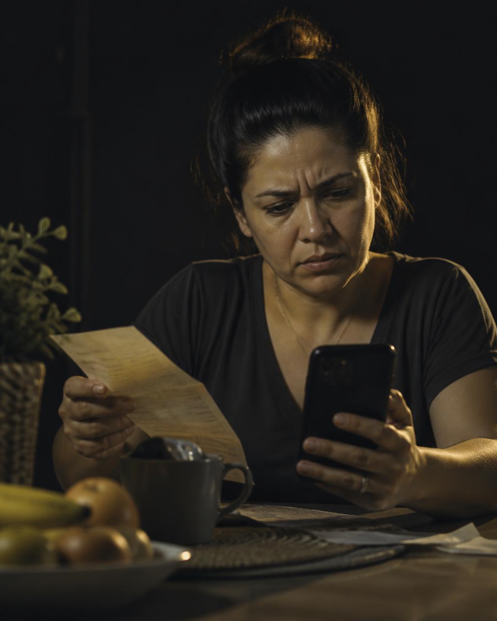 Consumidora analisando uma cobrança indevida em casa
